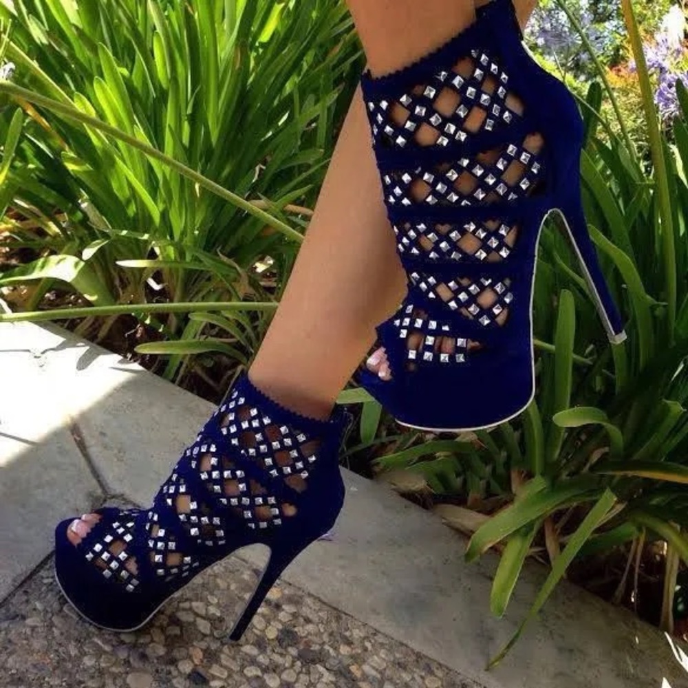 Rontic Women Rhinestone Platform Sandals Blue Stiletto Heel